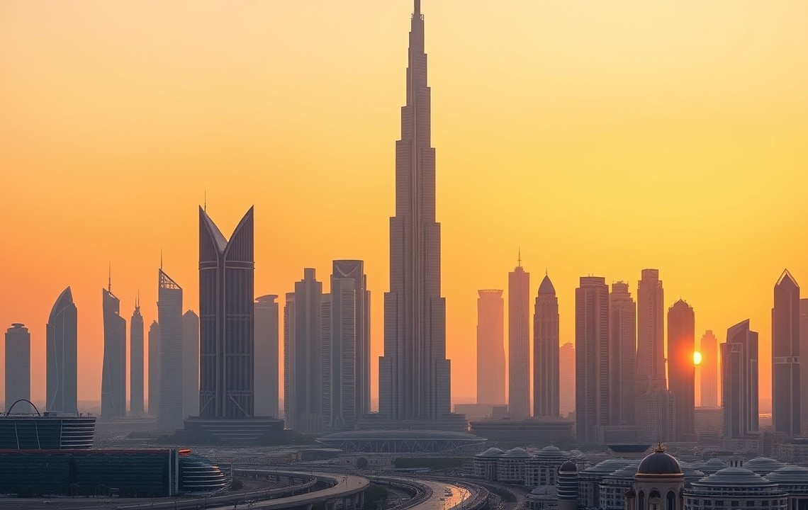 Dubai 2026 skyline at sunset with Burj Khalifa