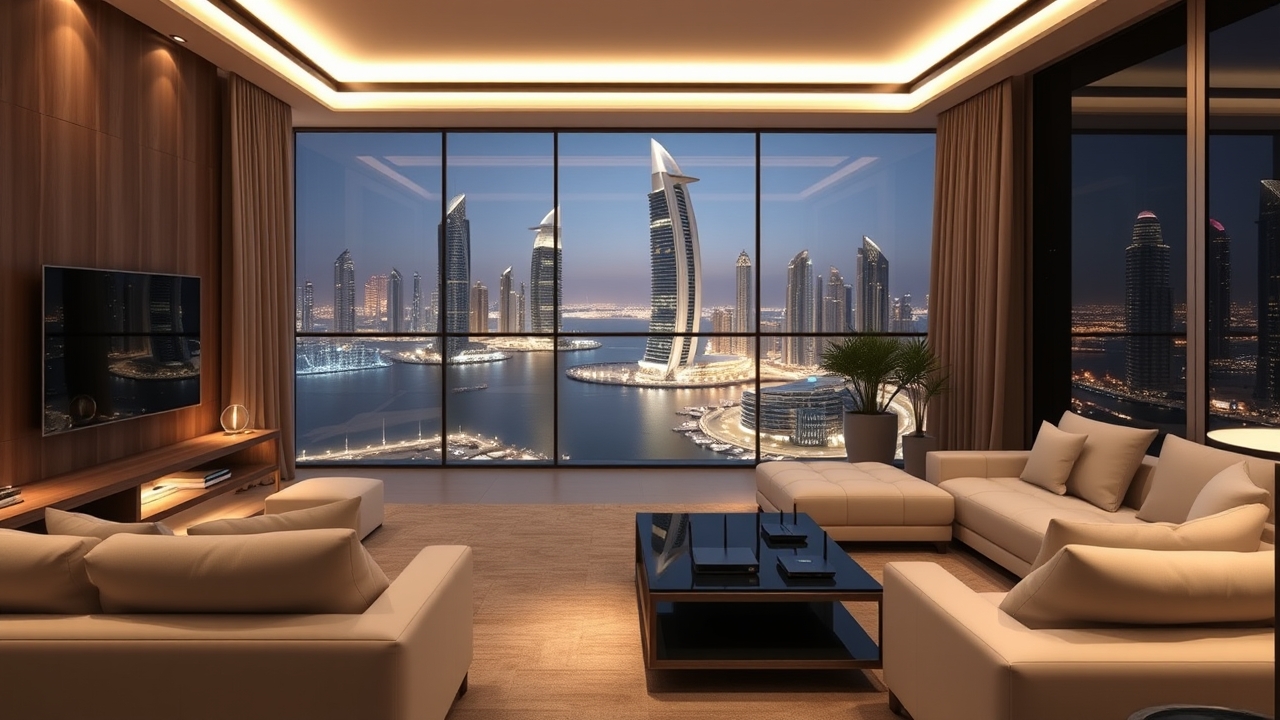 Modern Dubai Marina luxury apartment interior at night