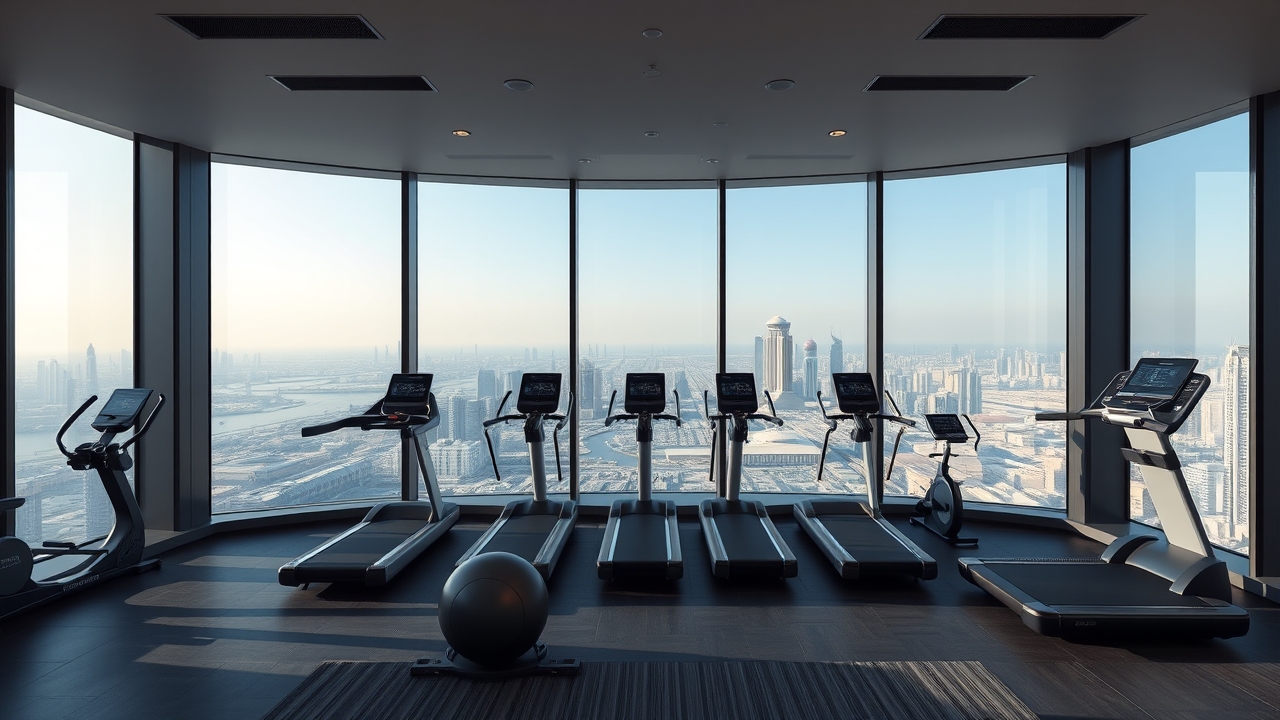 High-tech residential gym with Dubai city views