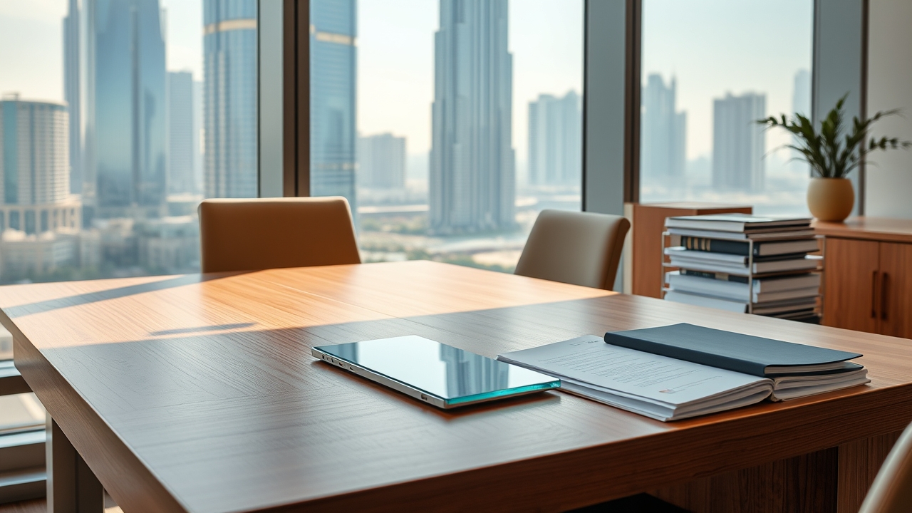 Modern office desk Dubai skyline