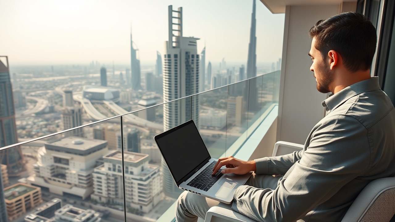 Remote worker on a Dubai balcony with city view