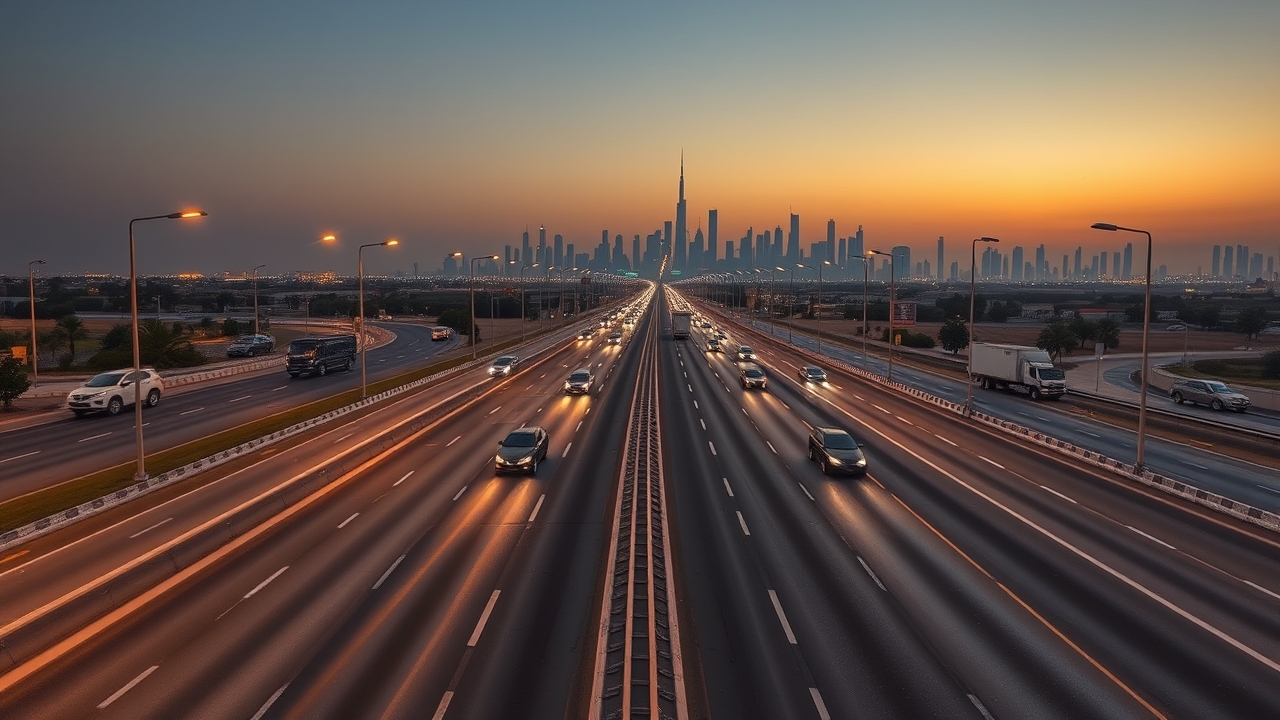 Al Ain Road E66 traffic flow at sunset