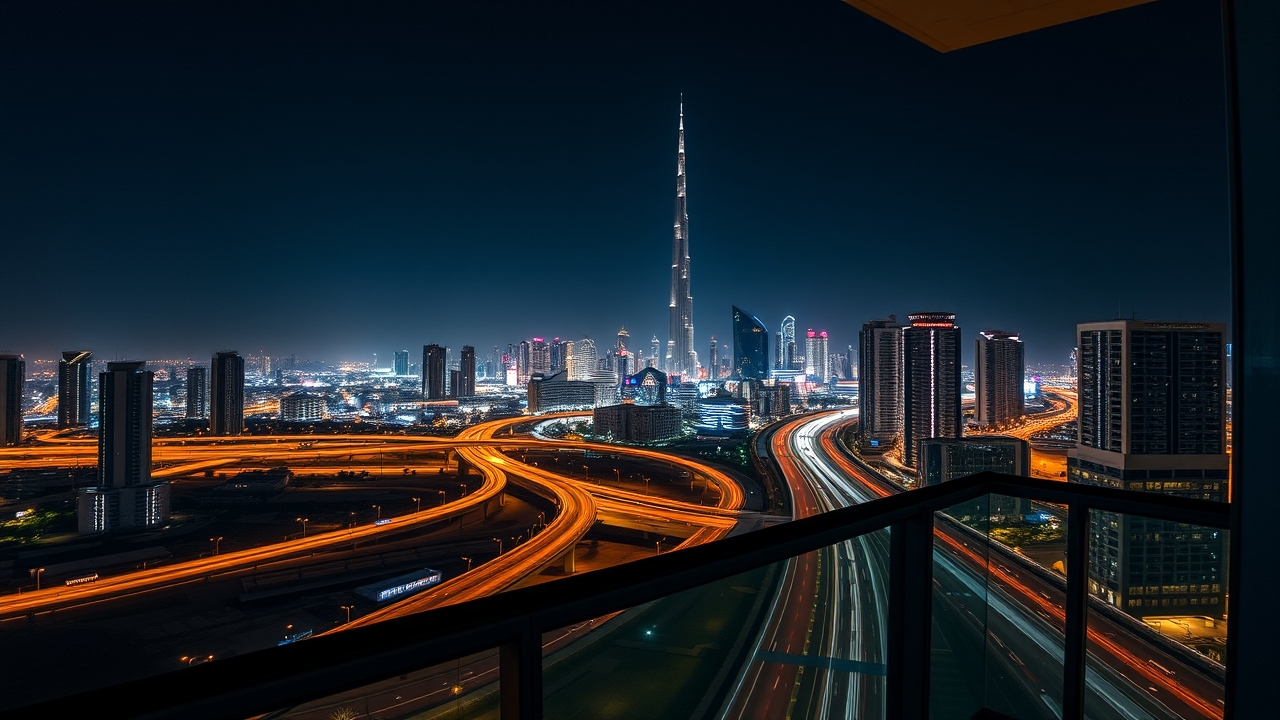 Night view of Dubai skyline from Silicon Oasis