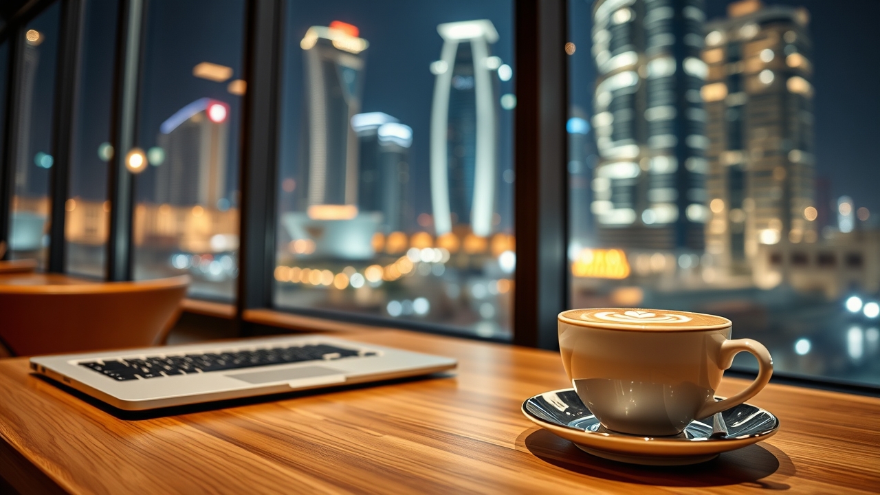 Late-night laptop work at a cafe in JLT Dubai