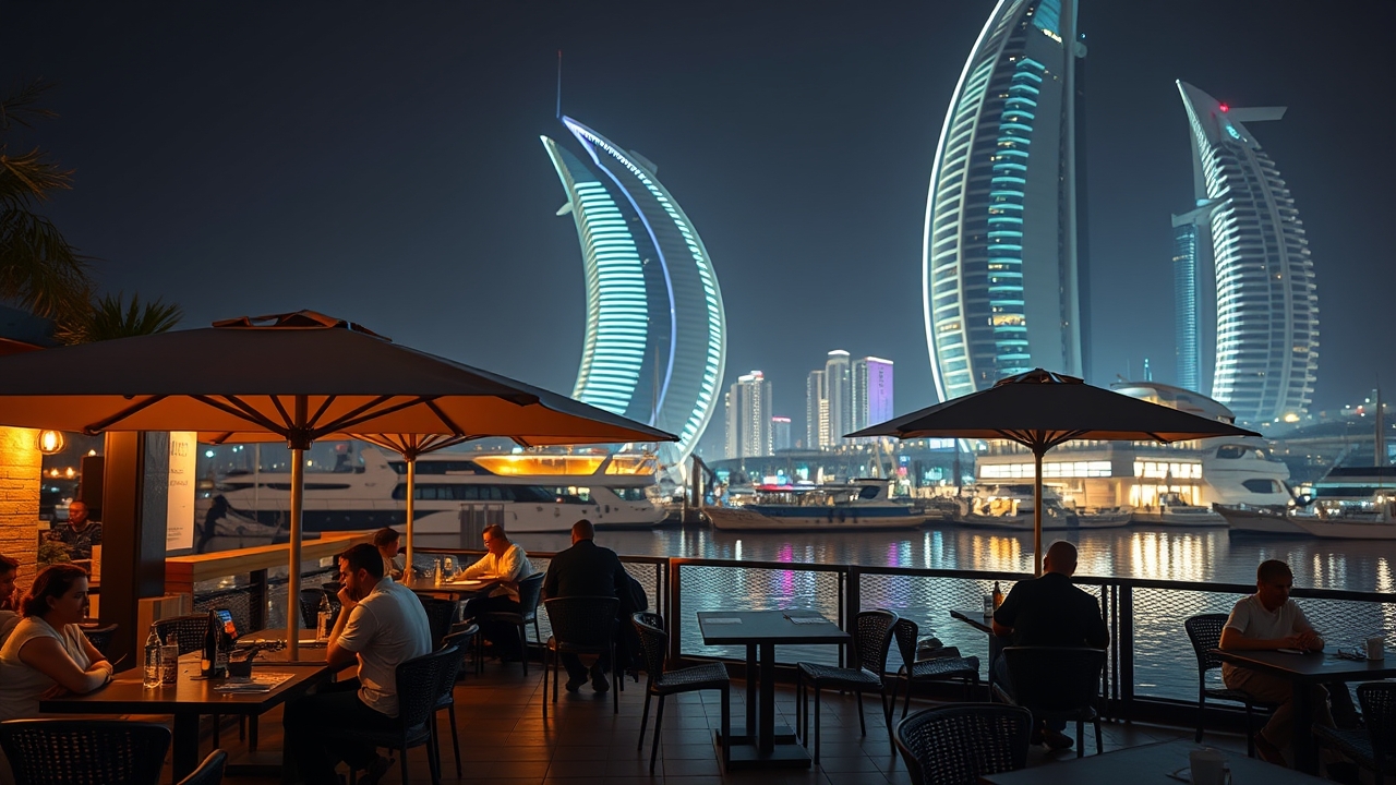 Nighttime outdoor workspace at Dubai Marina cafe