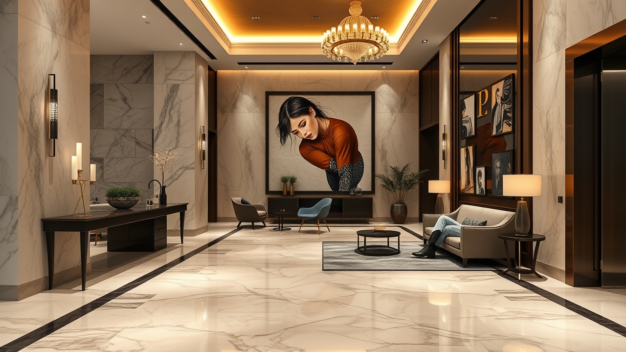 Luxury serviced apartment lobby workspace in Business Bay