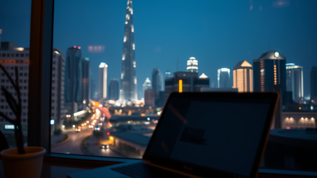Downtown Dubai cafe view of Burj Khalifa at night