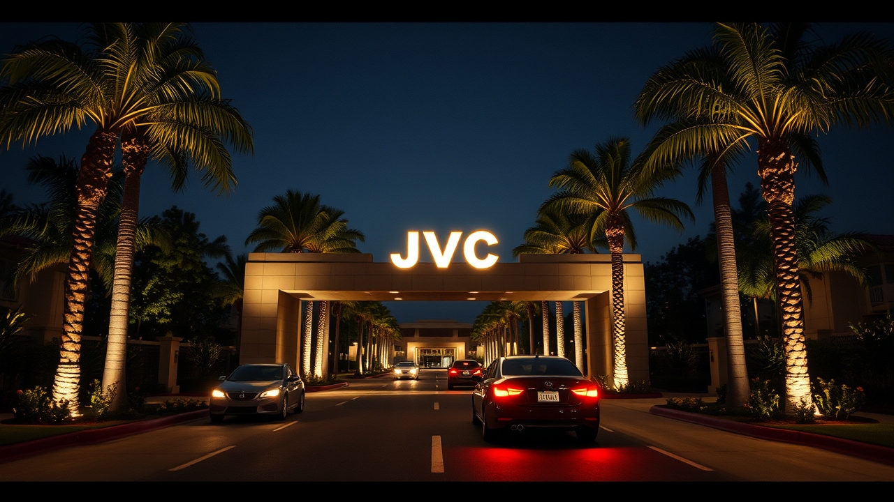 JVC community entrance at night