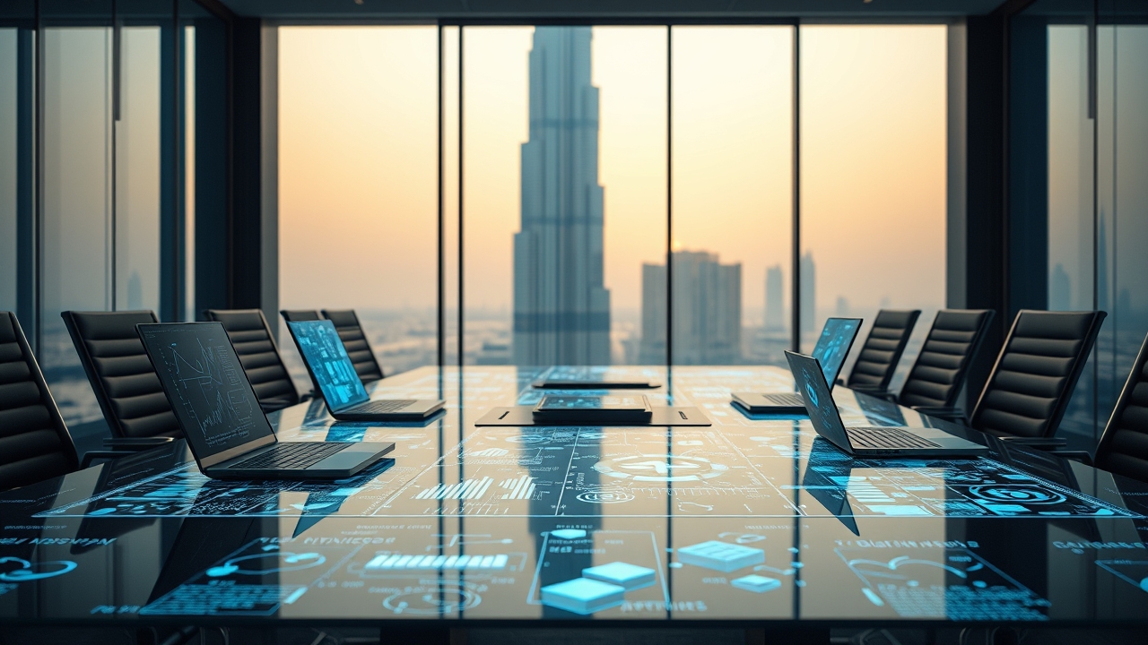 Holographic data displays on a business table in Business Bay Dubai