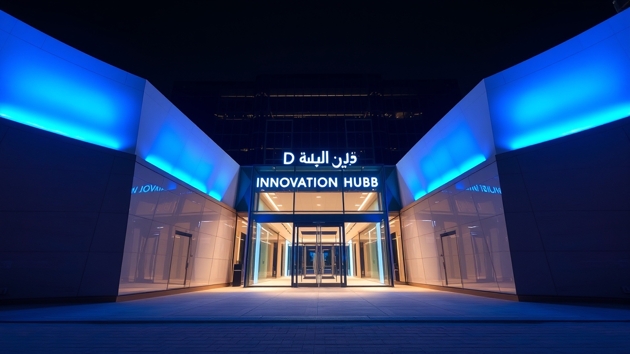 DIFC Innovation Hub entrance with modern lighting at night