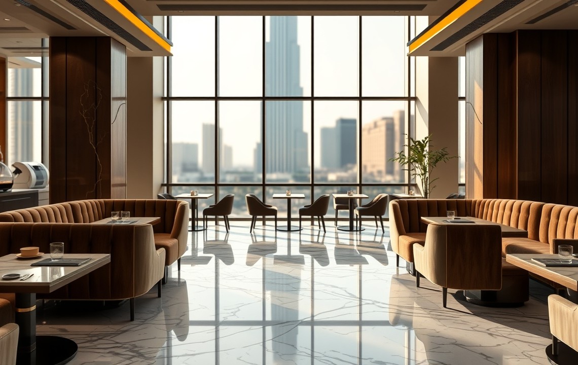 Luxury coffee shop interior Downtown Dubai for remote work