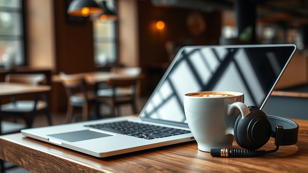 Professional laptop and coffee setup for Zoom calls in Dubai