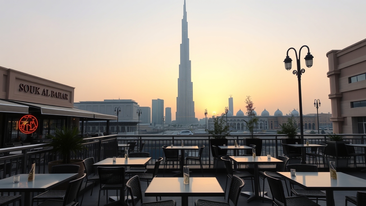 Quiet morning terrace at Souk Al Bahar for business calls