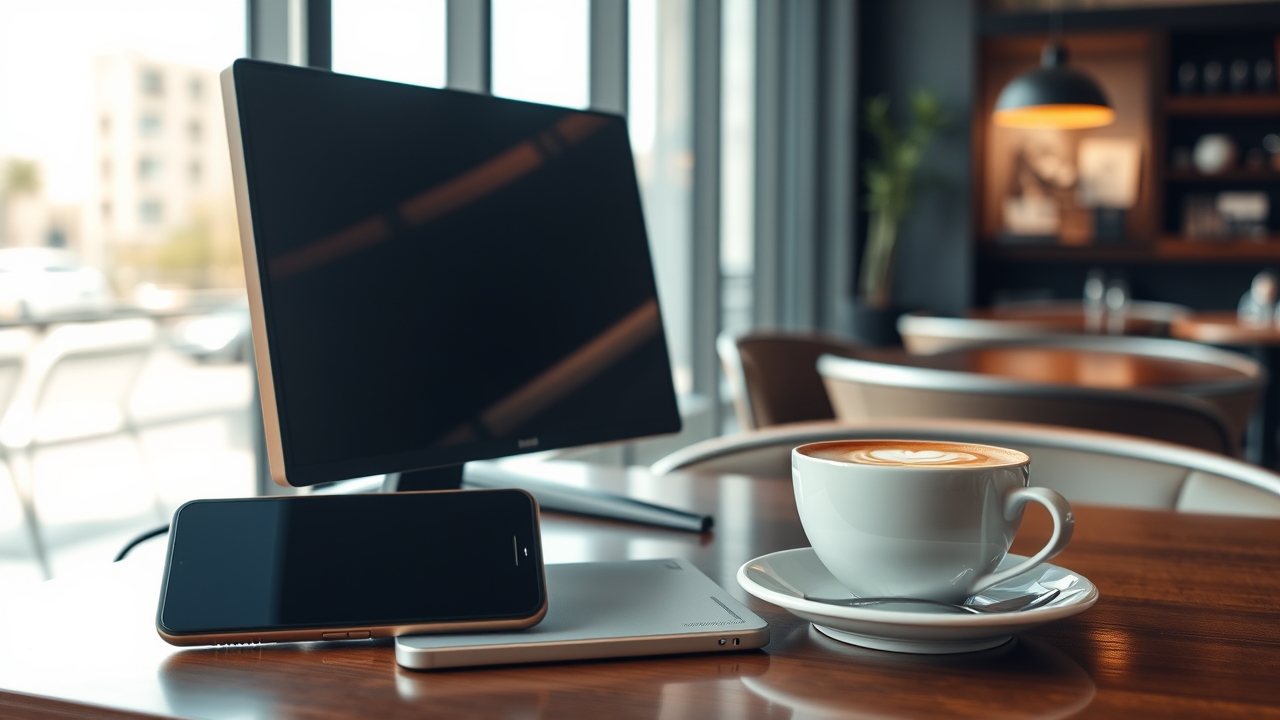 Advanced digital nomad workstation in a Dubai coffee shop