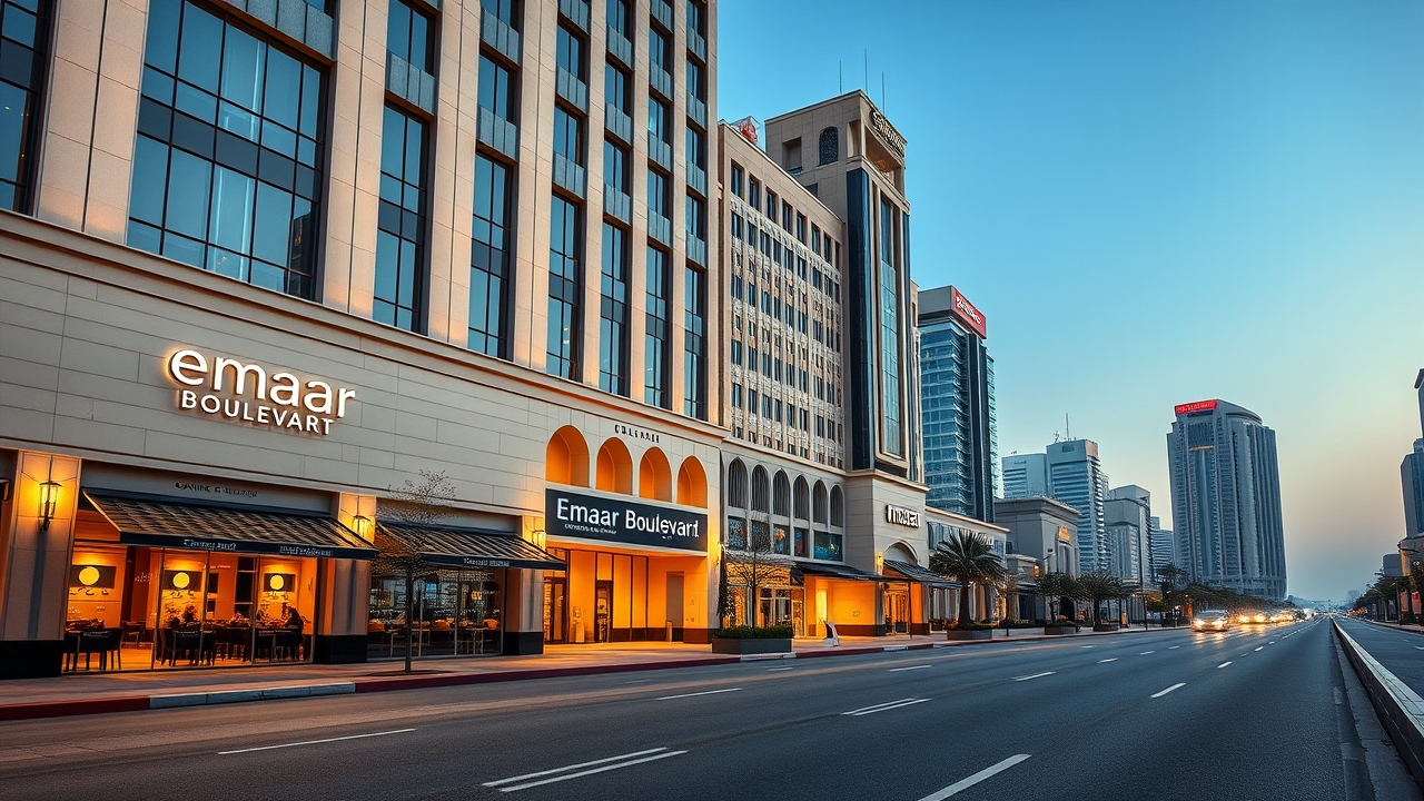 Quiet morning view of Emaar Boulevard cafes in Downtown Dubai
