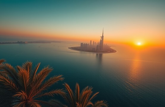 Aerial view of Palm Jumeirah Dubai at sunset