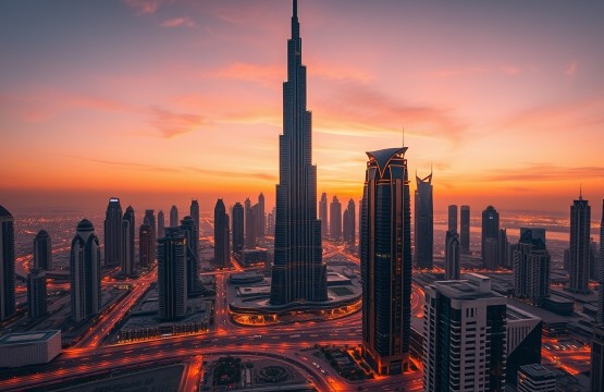 Dubai skyline at sunset showcasing Downtown district