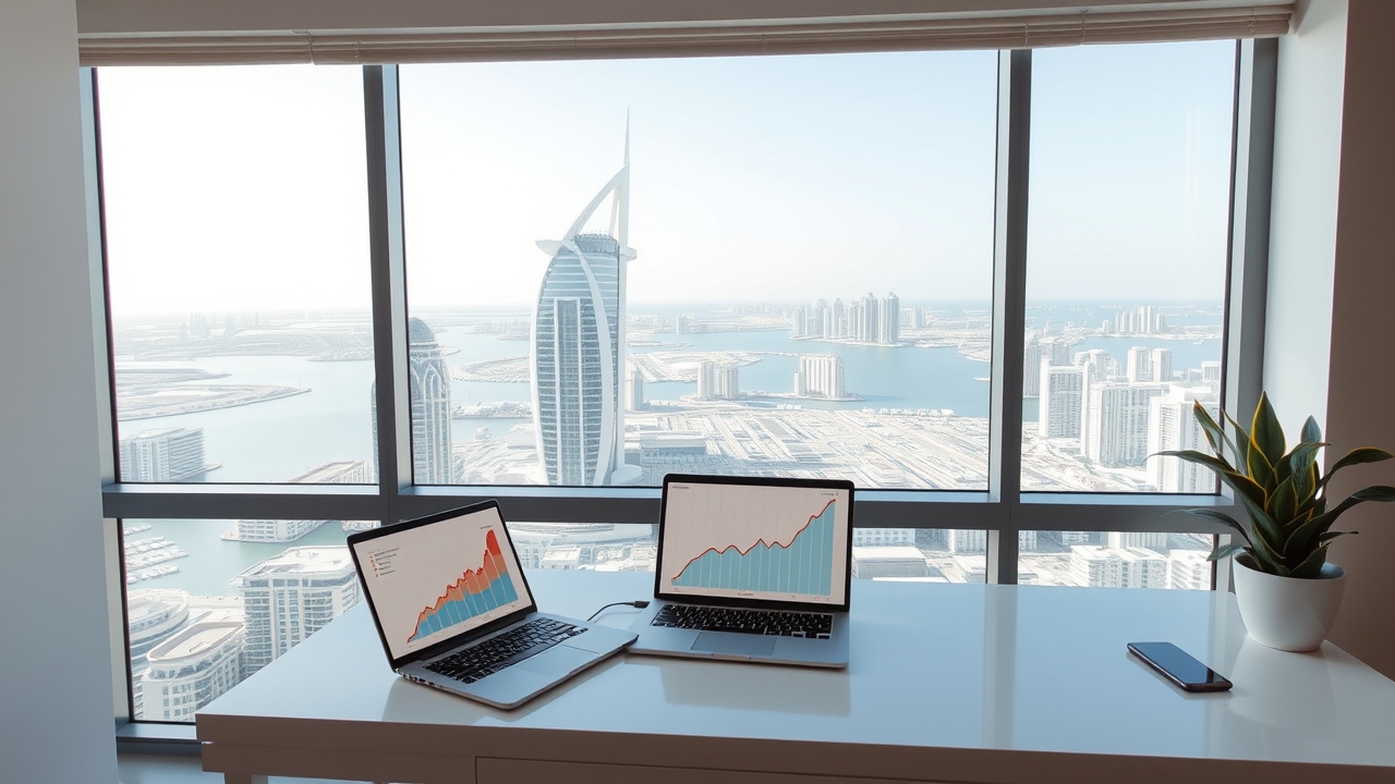 Freelancer home office with Dubai Marina view