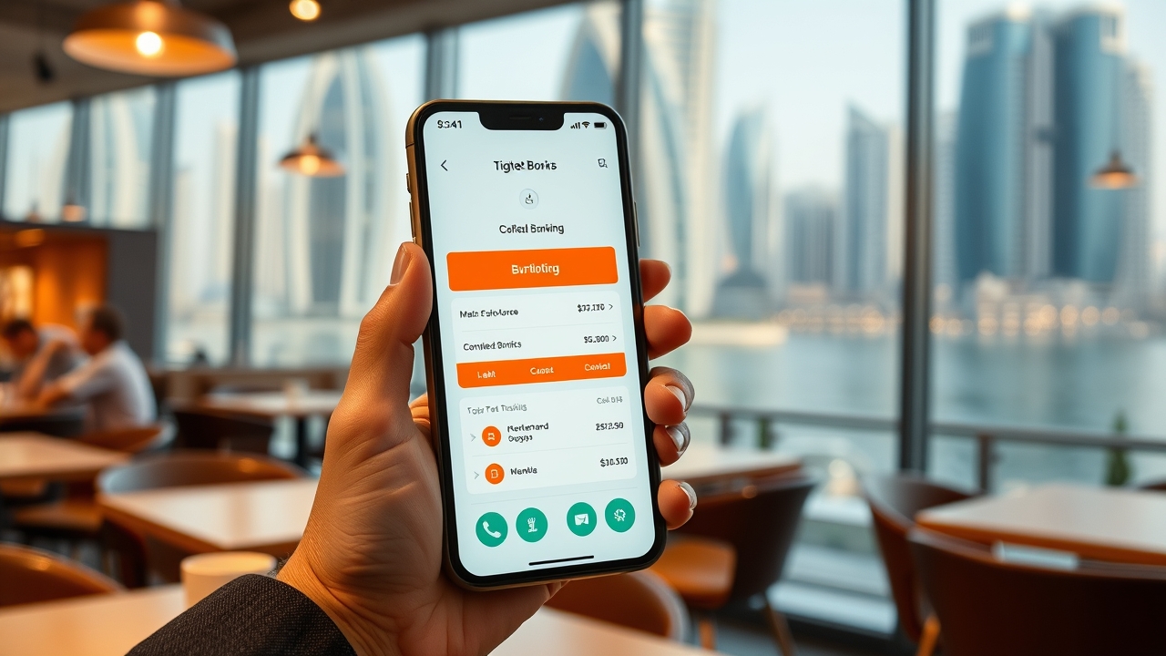 Digital banking on a smartphone in Dubai Business Bay