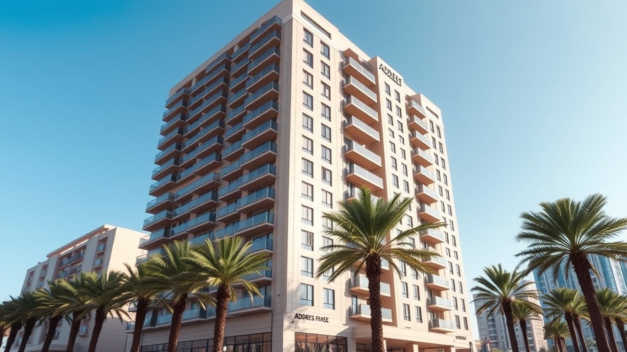 Luxury serviced apartment building exterior in Dubai