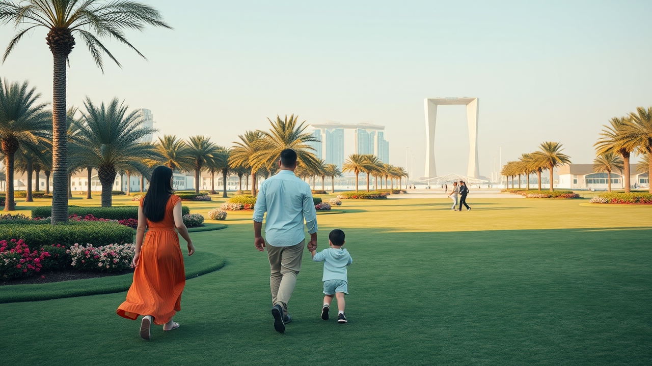 Family walking in a Dubai park with Dubai Frame background