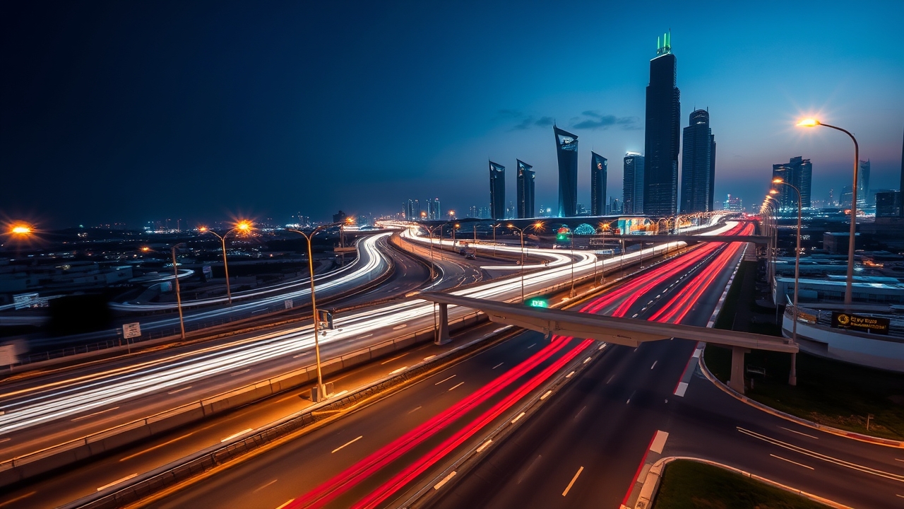 Sheikh Zayed Road night traffic in Dubai business hub