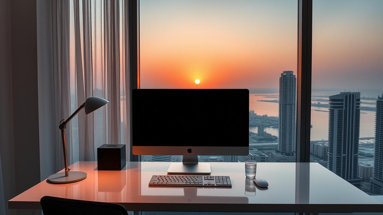 Modern remote work setup in Dubai Marina