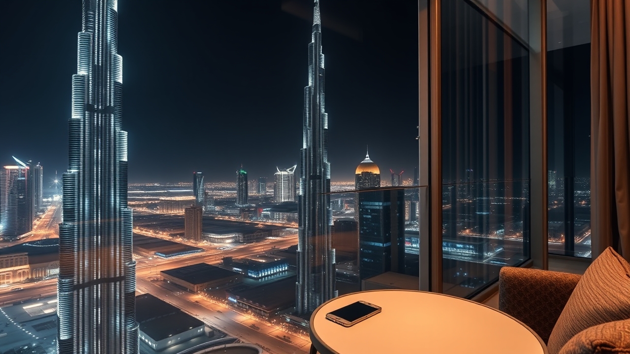 Burj Khalifa night view from a Dubai balcony