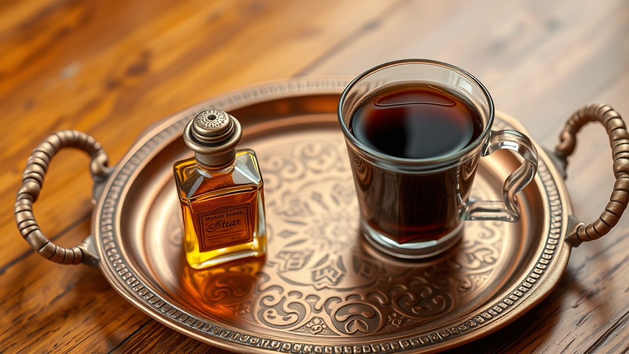 Arabic coffee and perfume oil on a traditional tray