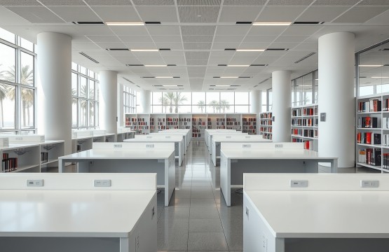 Modern Dubai public library interior with desks and palm tree views