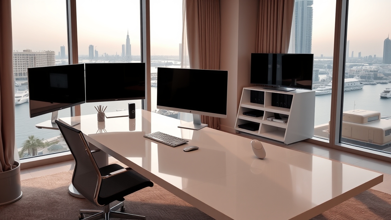 Modern home office with Dubai Marina view