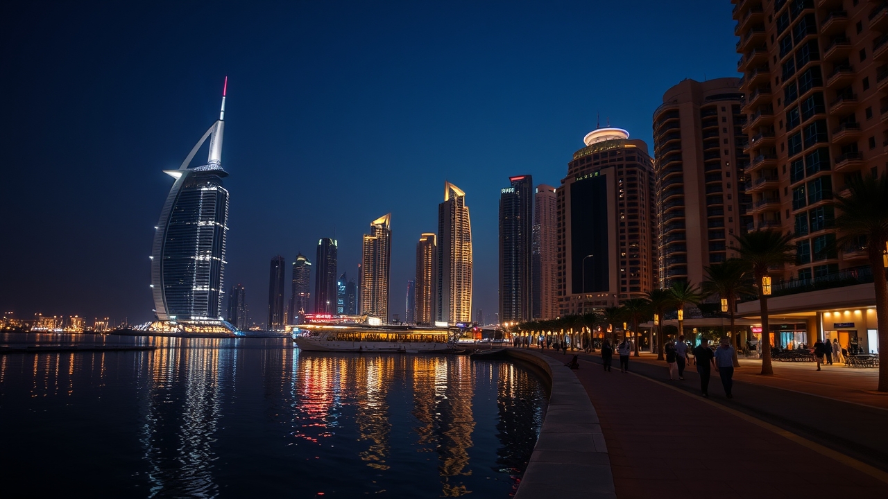 Dubai Marina promenade at night