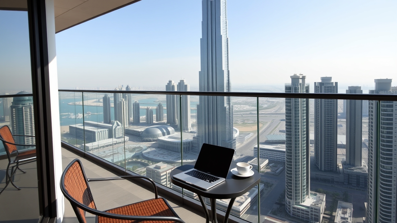 Business Bay balcony workspace overlooking the Burj Khalifa