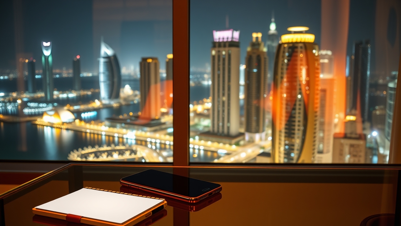 Nighttime workspace in Dubai Marina with city lights