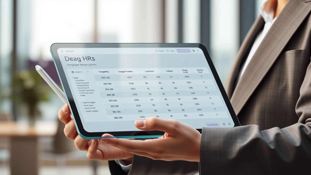 HR professional managing relocation data on a transparent tablet