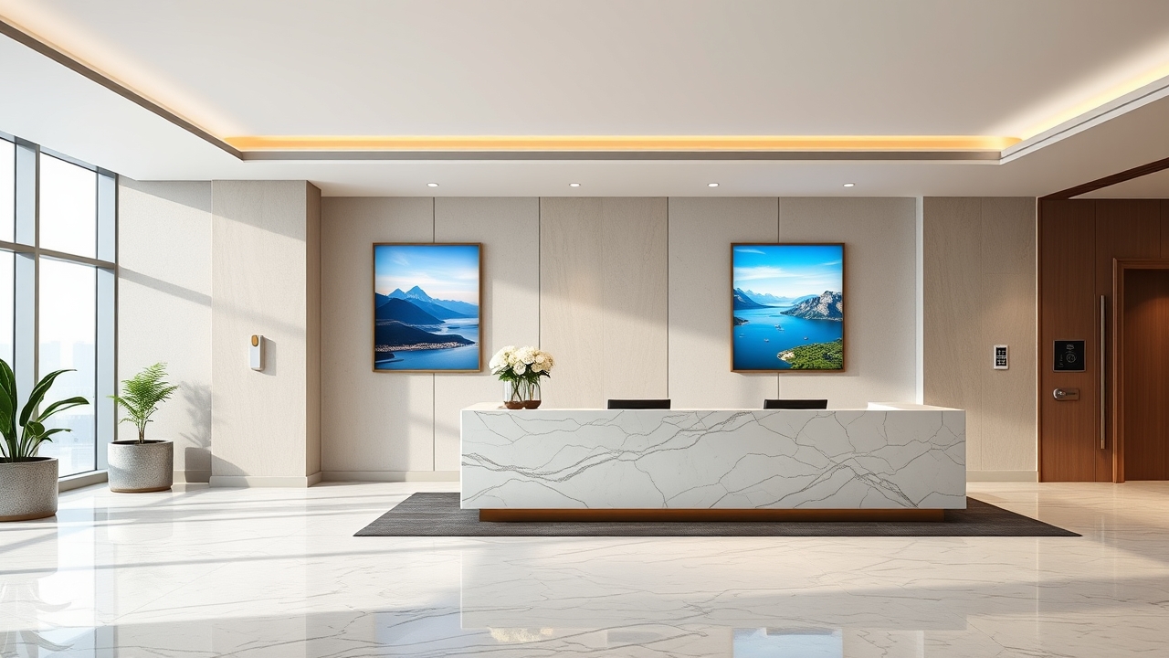 Luxury serviced apartment lobby in Doha with marble floors