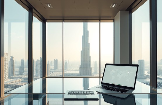 Modern Dubai office with Burj Khalifa view representing time zone productivity
