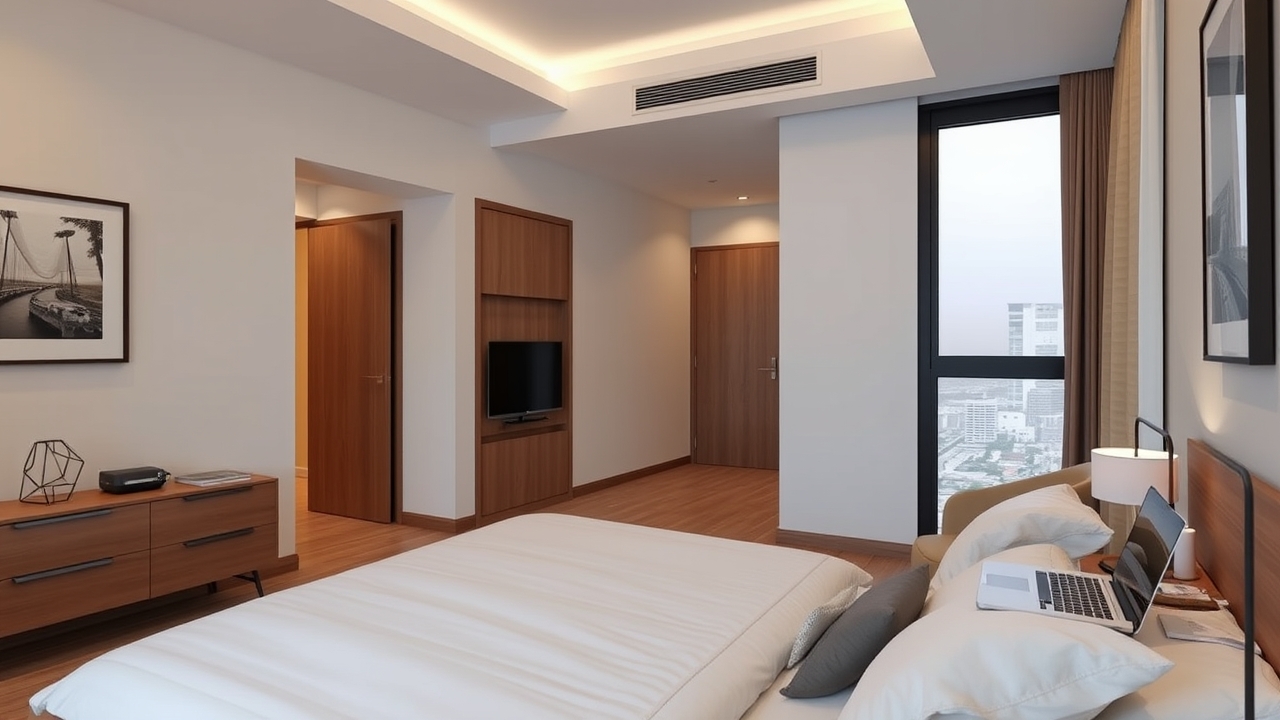 Corporate 1BR apartment bedroom and workspace