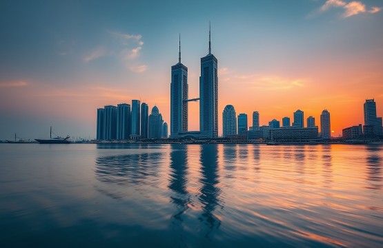 Bahrain Financial Harbour skyline at sunset