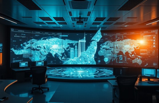 Corporate security operations center with digital Dubai maps
