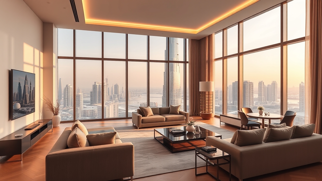 Luxury serviced apartment interior with Burj Khalifa view