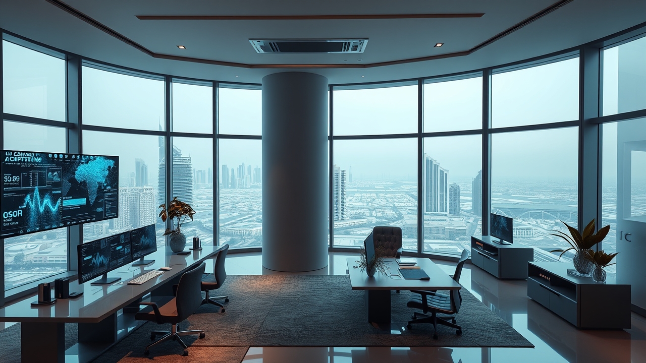 Futuristic corporate serviced apartment interior Dubai 2026