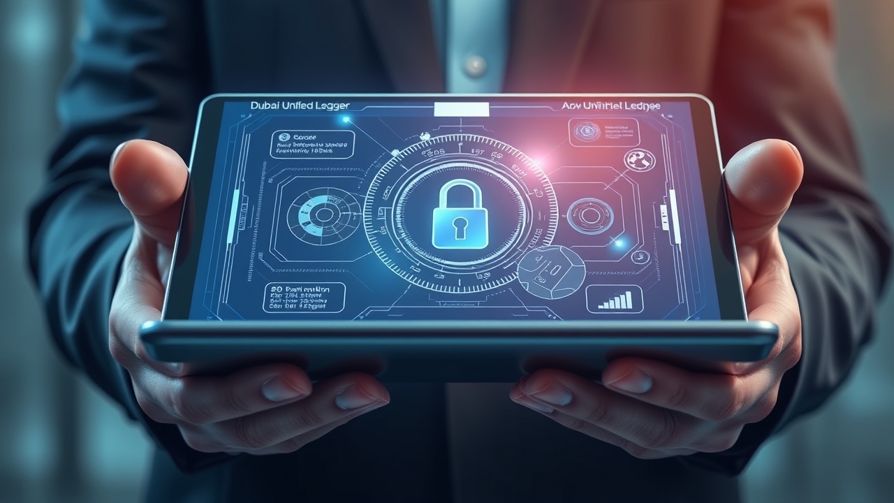 Holographic digital identity ledger on tablet Dubai