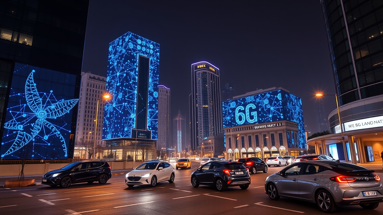 DIFC Dubai night view with glowing tech nodes