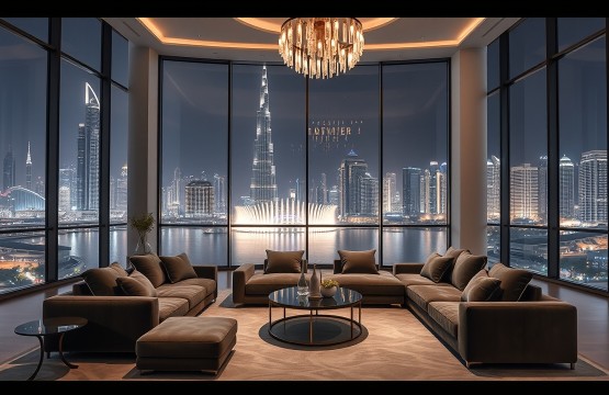 Luxury 4-bedroom penthouse living room with Burj Khalifa view