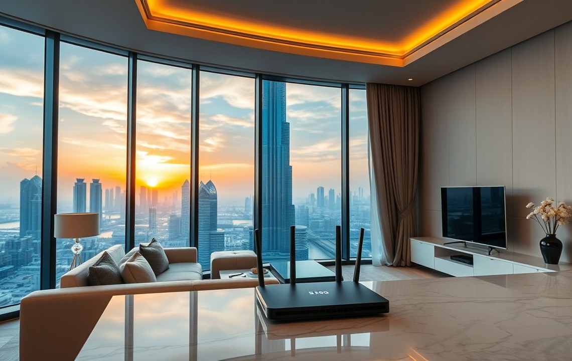 Luxury serviced apartment interior with Dubai skyline view