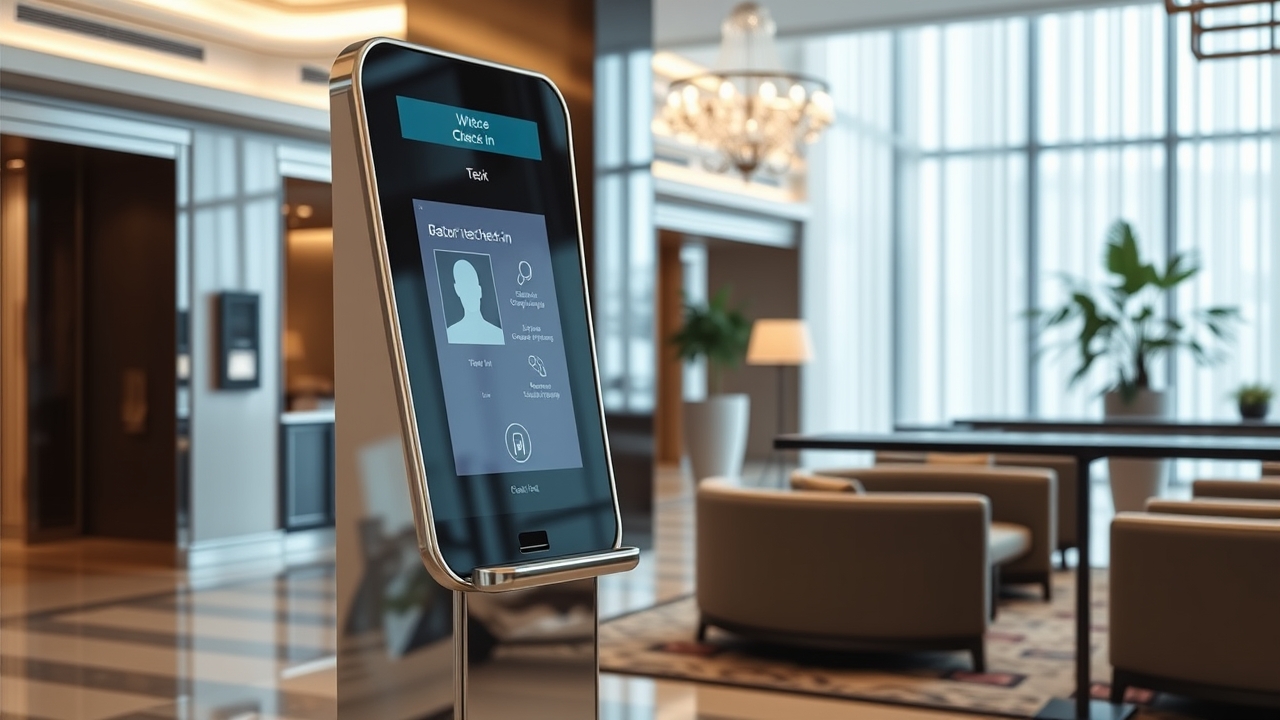 Modern biometric check-in system in hotel lobby