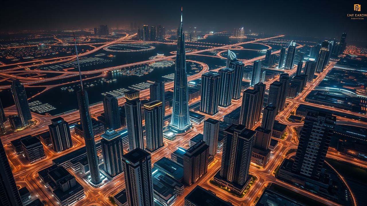 Dubai Internet City nighttime infrastructure view