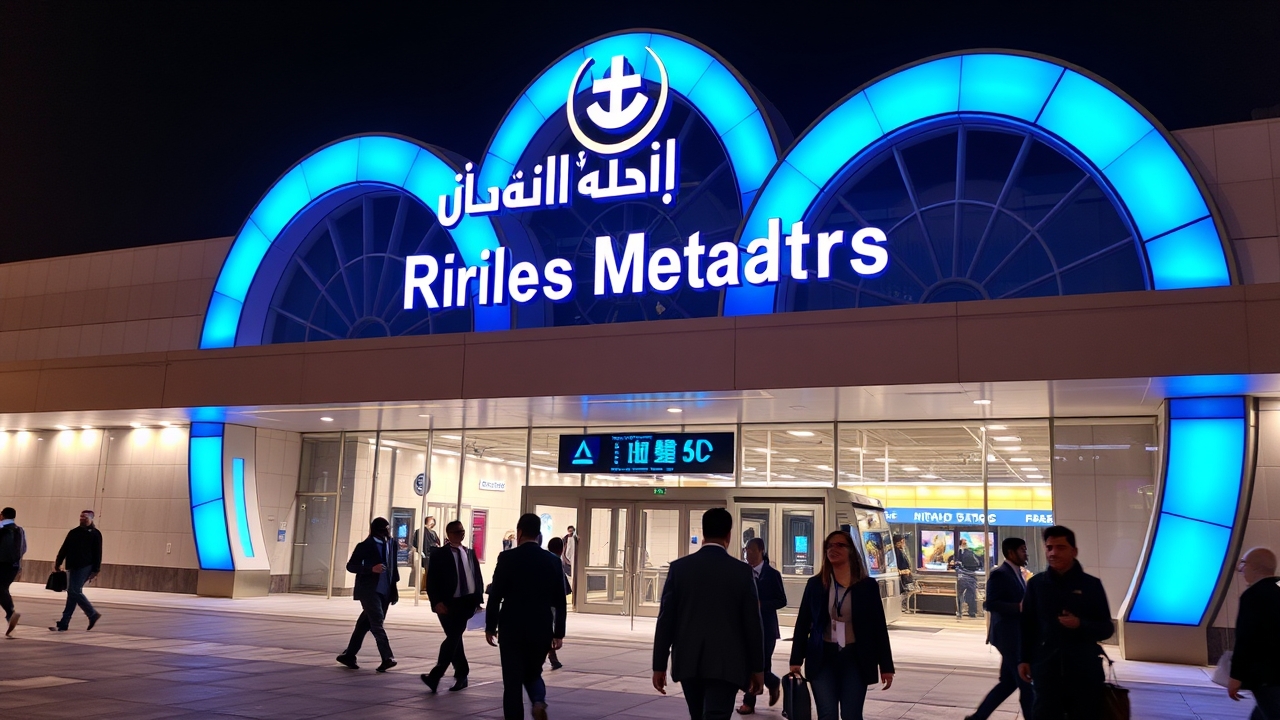Modern Riyadh Metro station at night