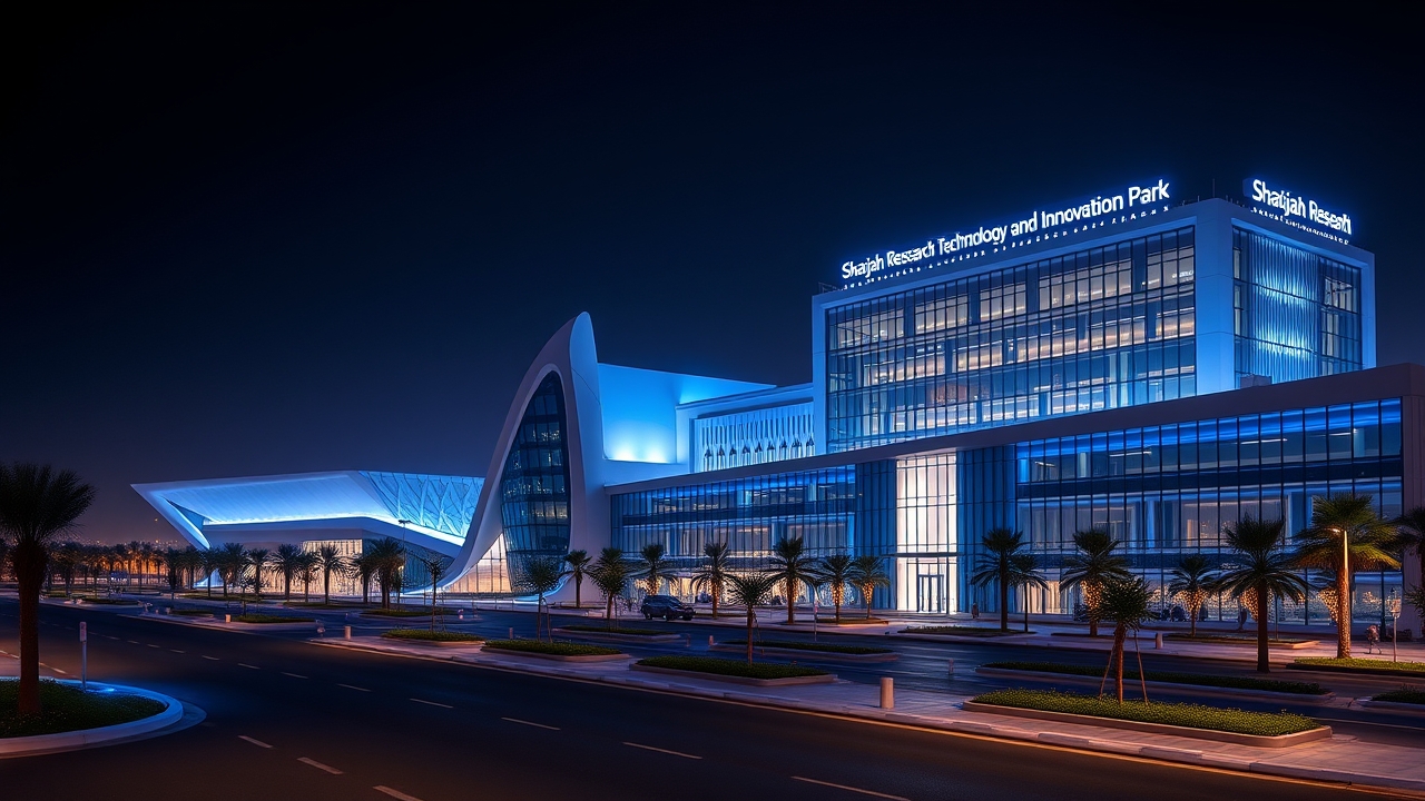 Sharjah Research Technology and Innovation Park at night